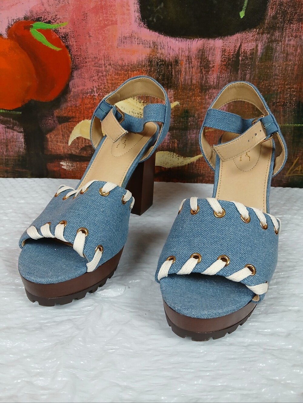 Comfort Est. 1948 Denim Lace Up Chunky Platform Heel Sandals 9